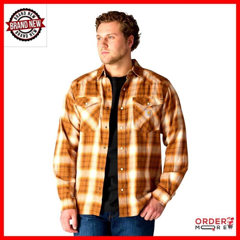 Men's Long Sleeve Snap Plaid Shirt Relaxed Fit Lightweight Stretch